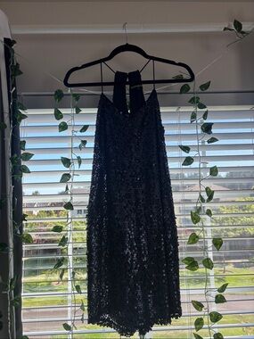 Express Black Sequin Halter Mini Dress with Tie Neck